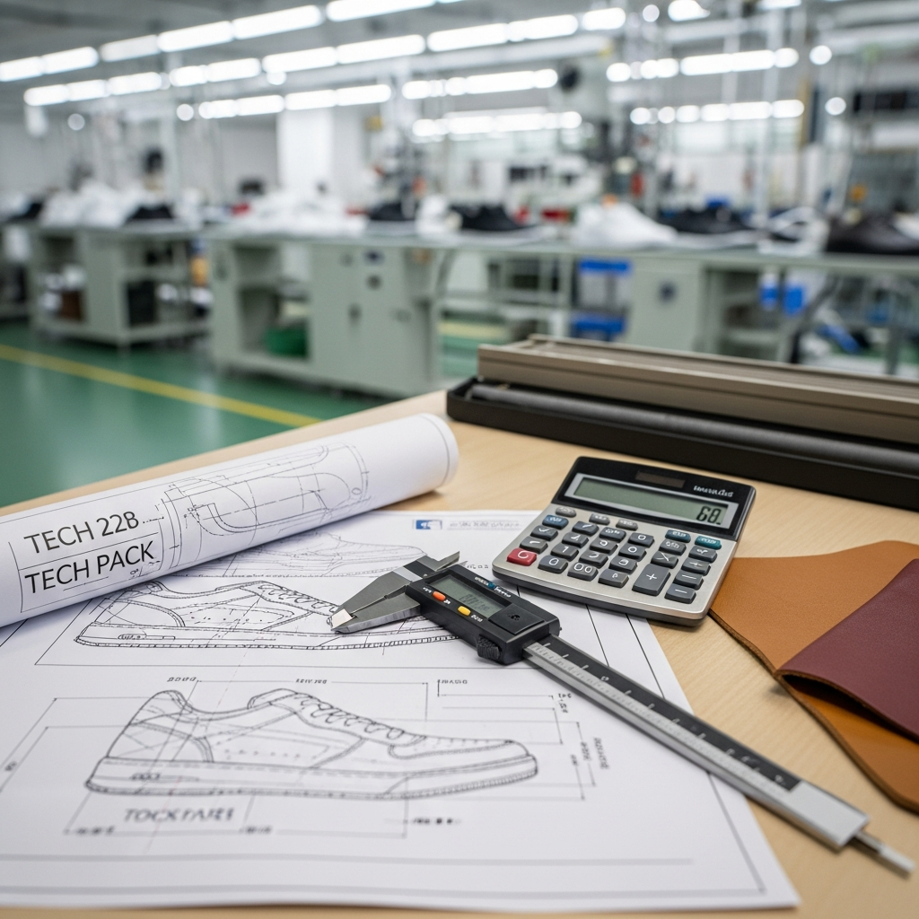 Jinhua Shoes technical team performing cost engineering and tech pack audit for a B2B client.